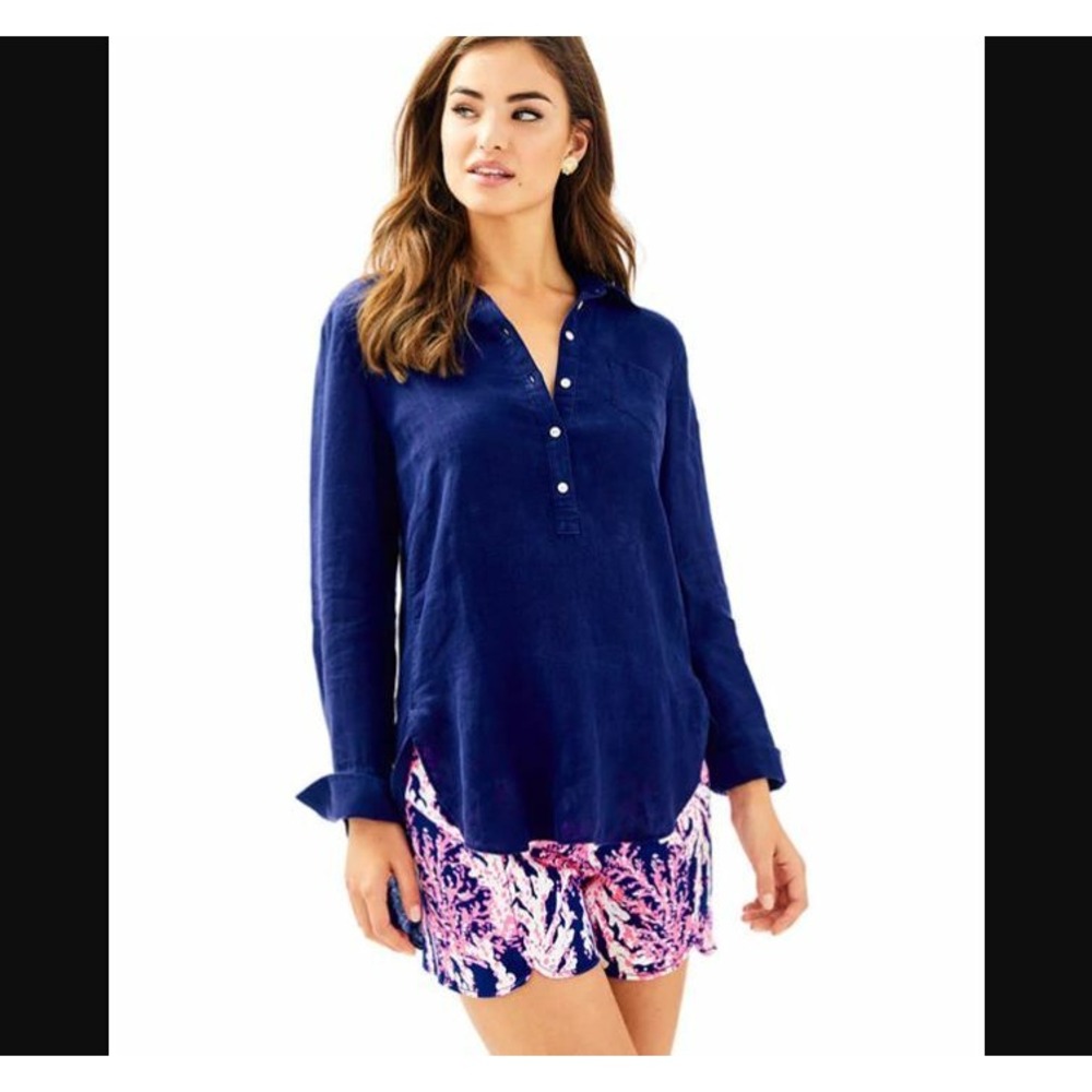 Lilly Pulitzer NEW Womens Deanna Popover Top Navy Blue Button Down Size 0 $108